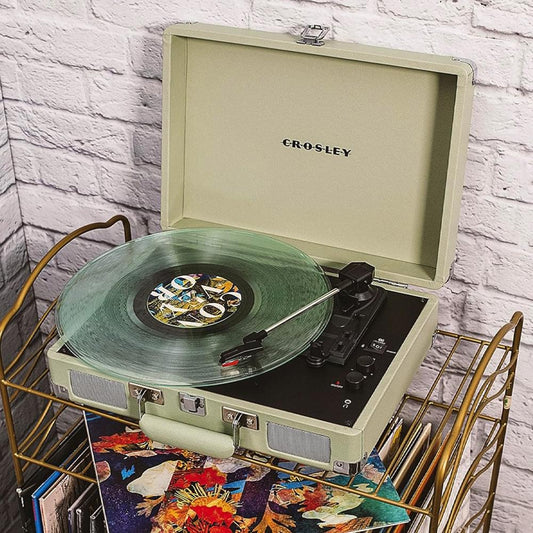 Mint portable turntable with open lid, vinyl on platter and tonearm