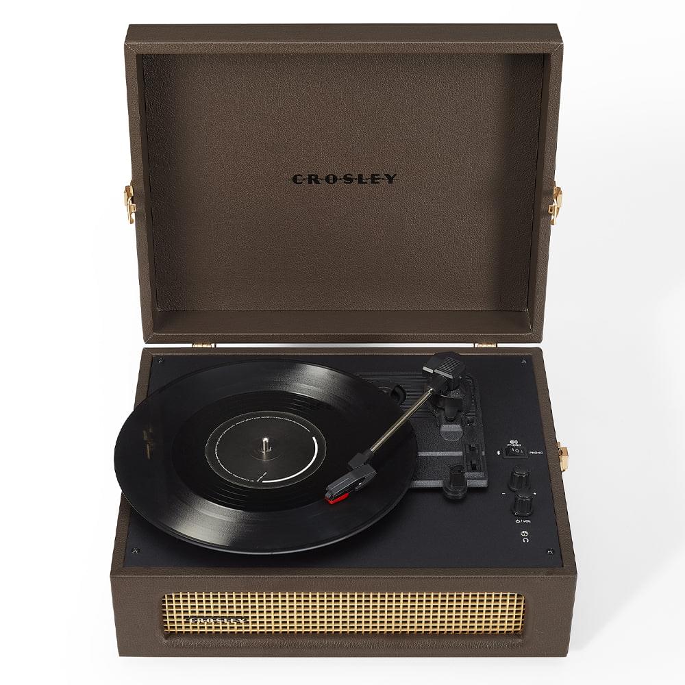 Cocoa portable turntable with open lid, vinyl platter, tonearm, and controls