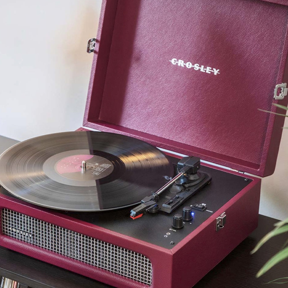 Crosley Voyager Bluetooth Portable Turntable + Entertainment Stand Bundle - Burgundy