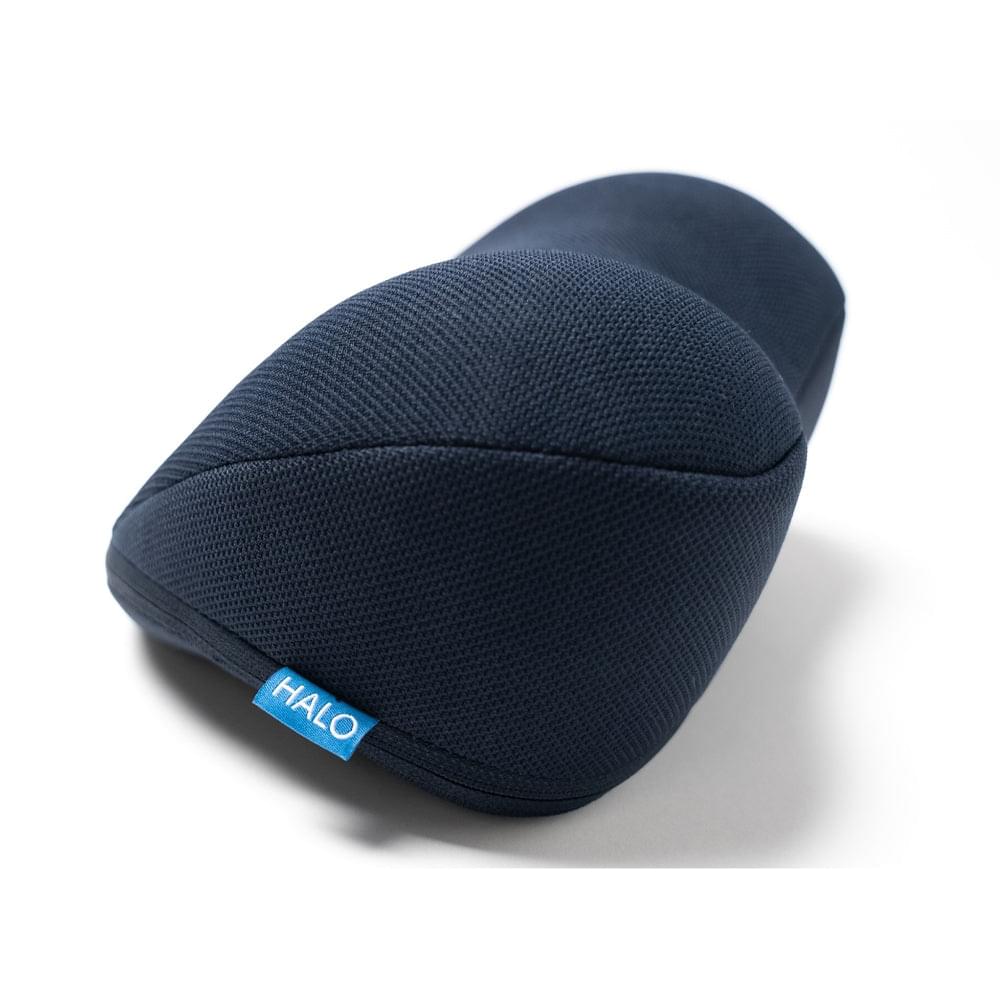 HALO heart-shaped neck stretch pillow in dark navy textured cover with brand tag