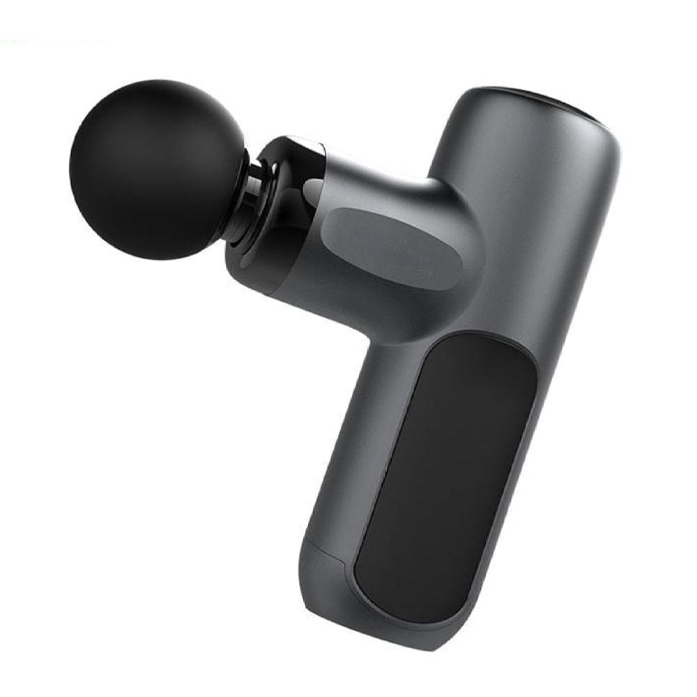 Compact percussion massager with round head and matte black body, angled view