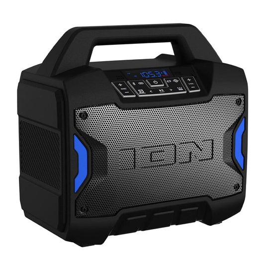 Black portable Bluetooth speaker front view with control panel and speaker grille.