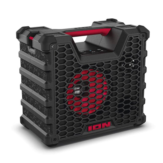 Rugged black portable Bluetooth speaker with hex grille and red ION logo