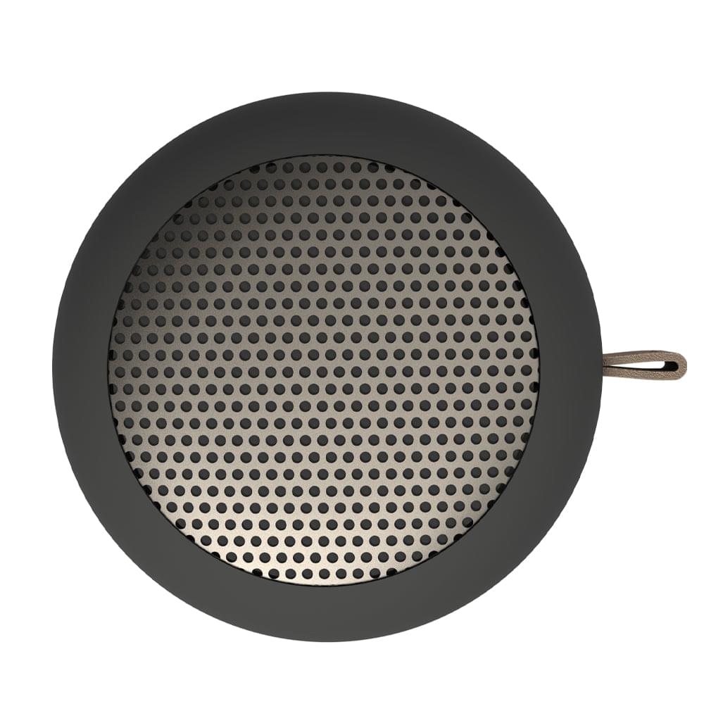 Black Bluetooth speaker with round metal grille and recessed speaker mesh
