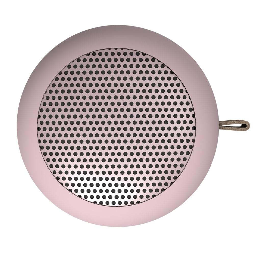 Dusty rose Bluetooth speaker top view with circular mesh grille and loop handle