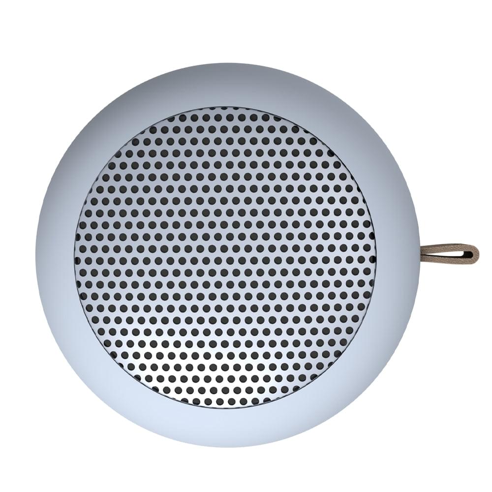 Light blue Bluetooth speaker top view with perforated grille and leather carry loop