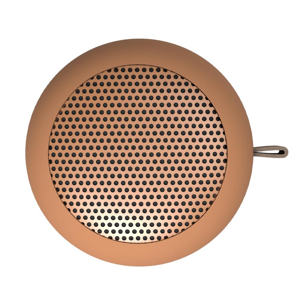 Orange Bluetooth speaker with circular grille and carry loop