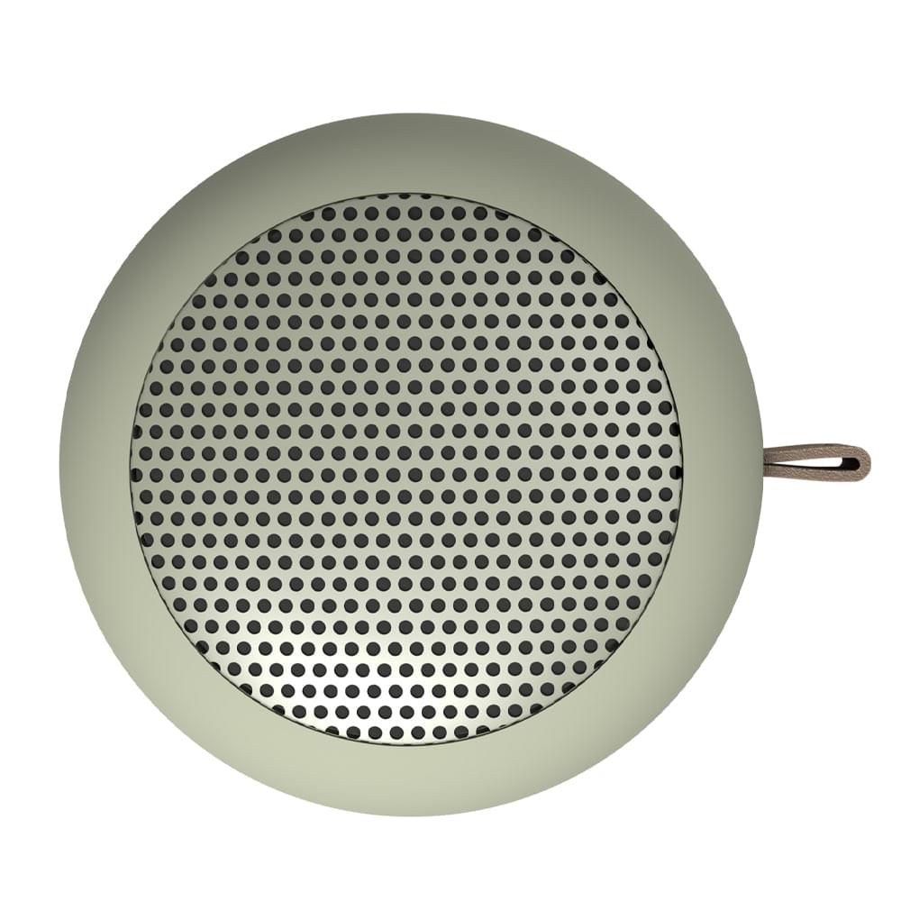Olive round Bluetooth speaker with black grille and side loop handle