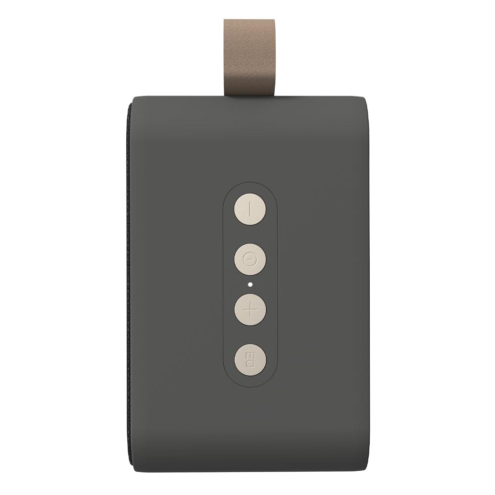 Black Bluetooth speaker with top control buttons and carrying strap