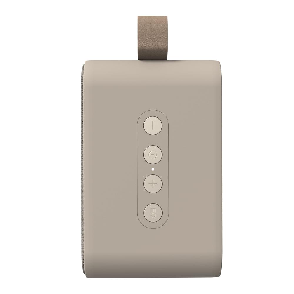 Kreafunk Aboom+ Bluetooth speaker control panel on ivory sand side, grey fabric edge
