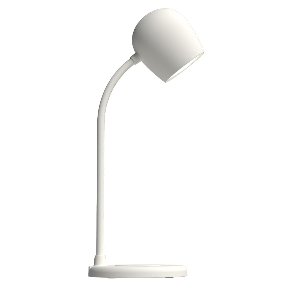 White desk lamp with domed shade and slim curved neck, on a flat base