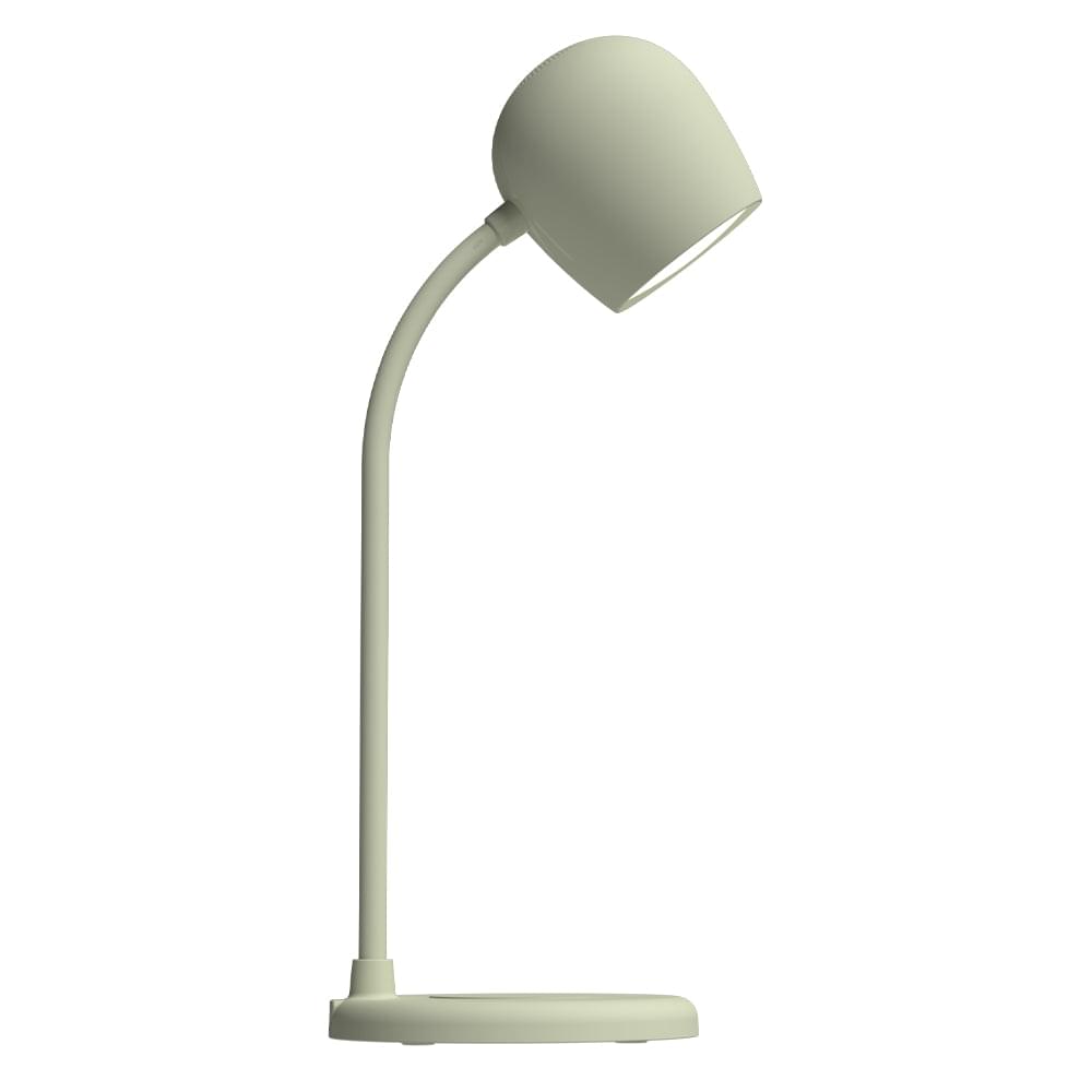 Dusty olive table lamp with curved neck and cylindrical shade on flat base