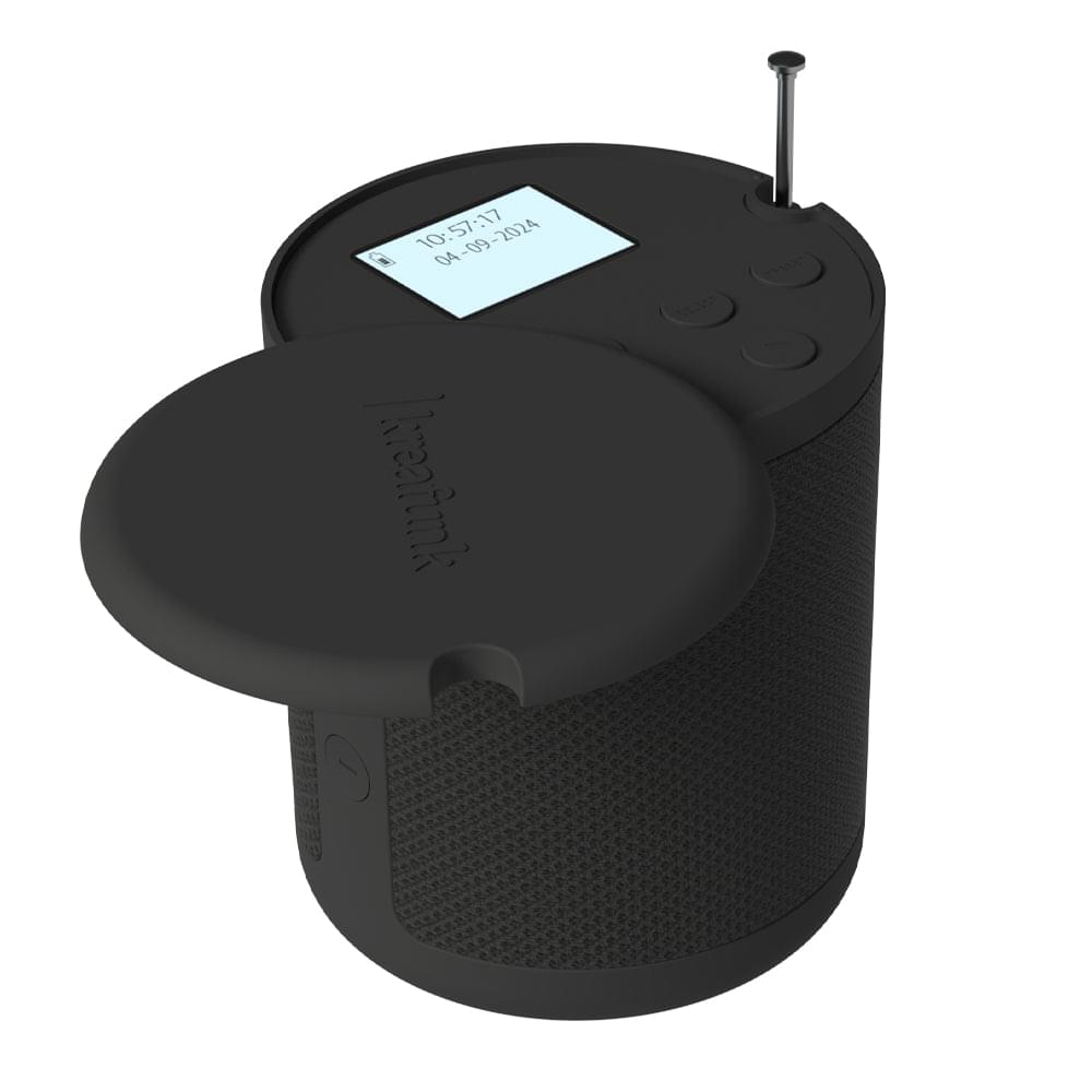 Black portable radio speaker with antenna, top display, and control buttons