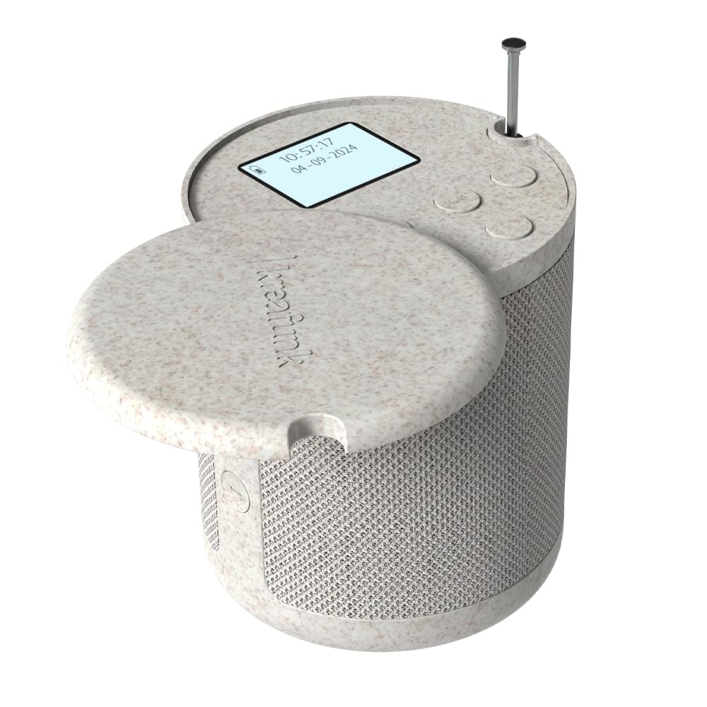Wheat-speckled Bluetooth DAB+ radio speaker top with antenna and display