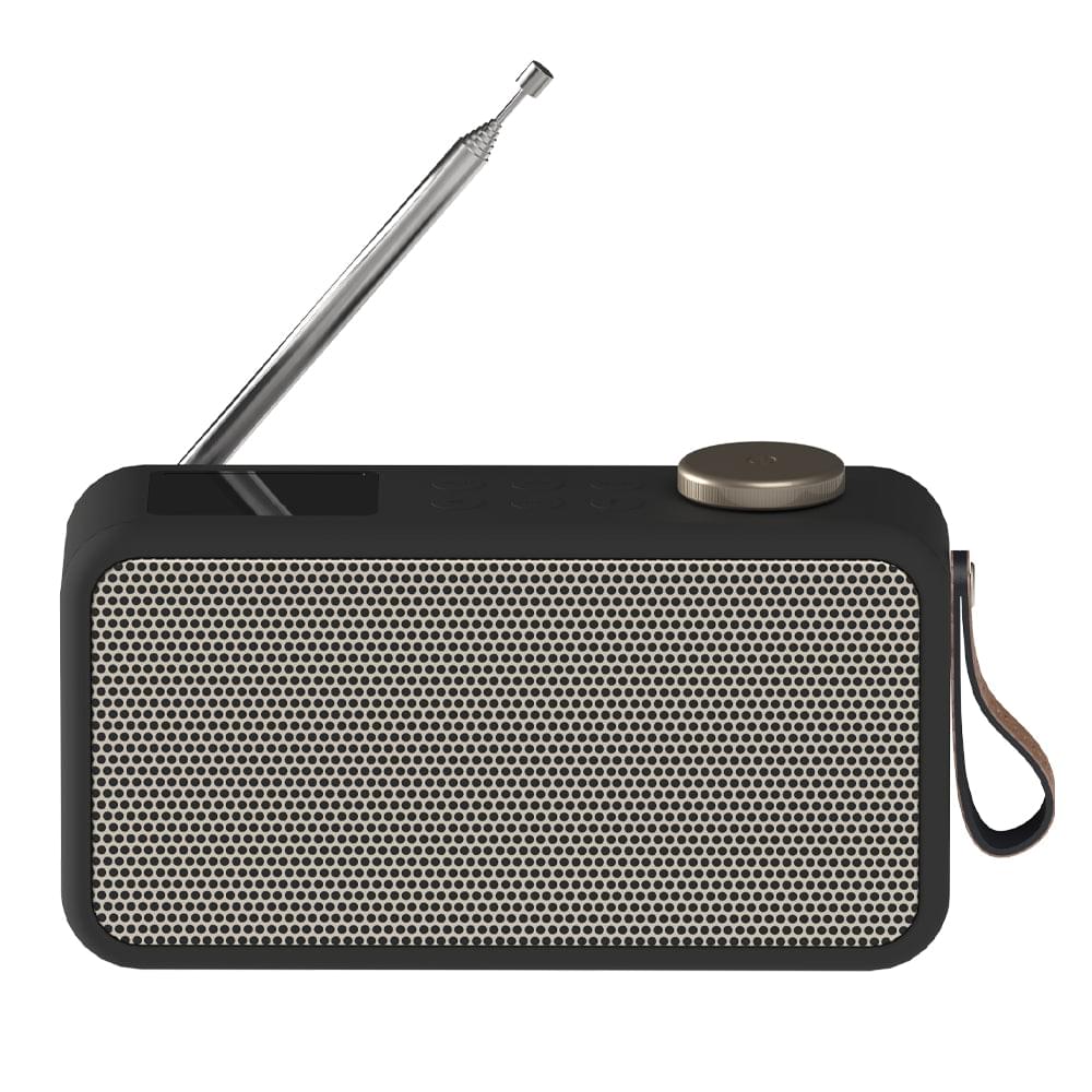 Black DAB+/FM radio speaker with mesh front grille and metal antenna on top