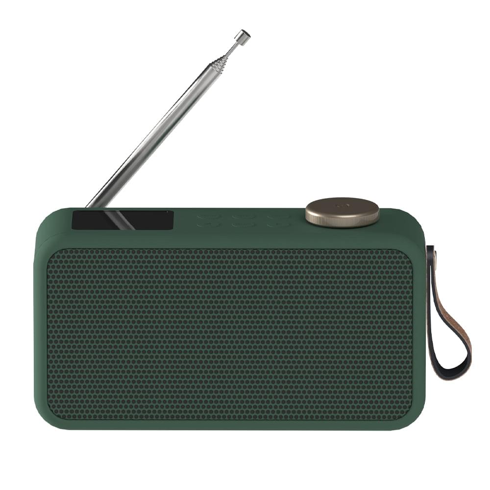 Green Bluetooth radio speaker with antenna extended, mesh grille, top controls.