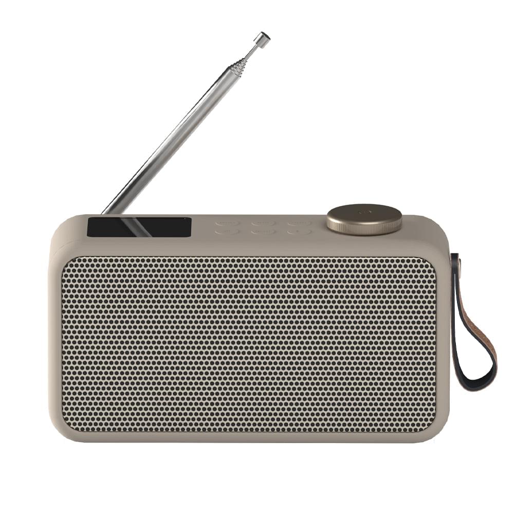 Ivory sand portable radio with extended antenna, front speaker grille, top knob, and strap