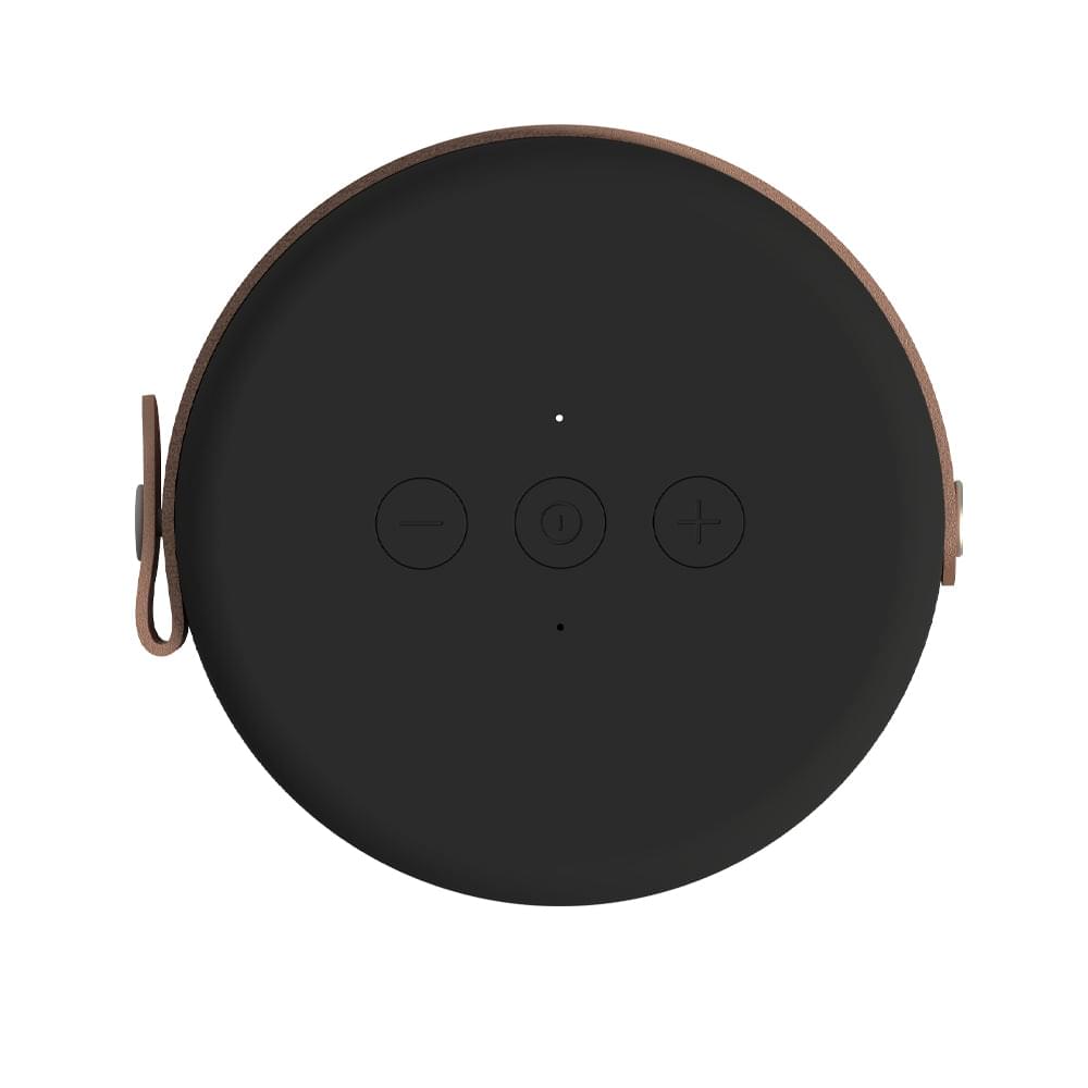 Black Bluetooth speaker top panel with buttons and leather wrist strap loops