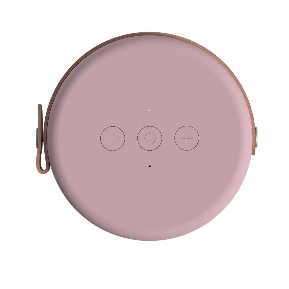 Dusty rose portable Bluetooth speaker, front control panel with power and volume icons