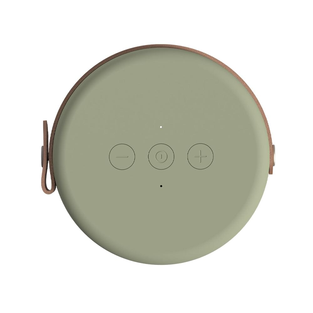 Dusty olive Bluetooth speaker, circular top with three control buttons