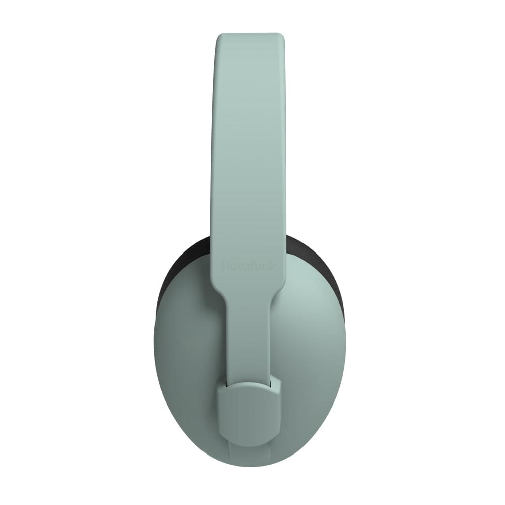 Dusty green ear muffs with rounded headband and soft black ear cup pads