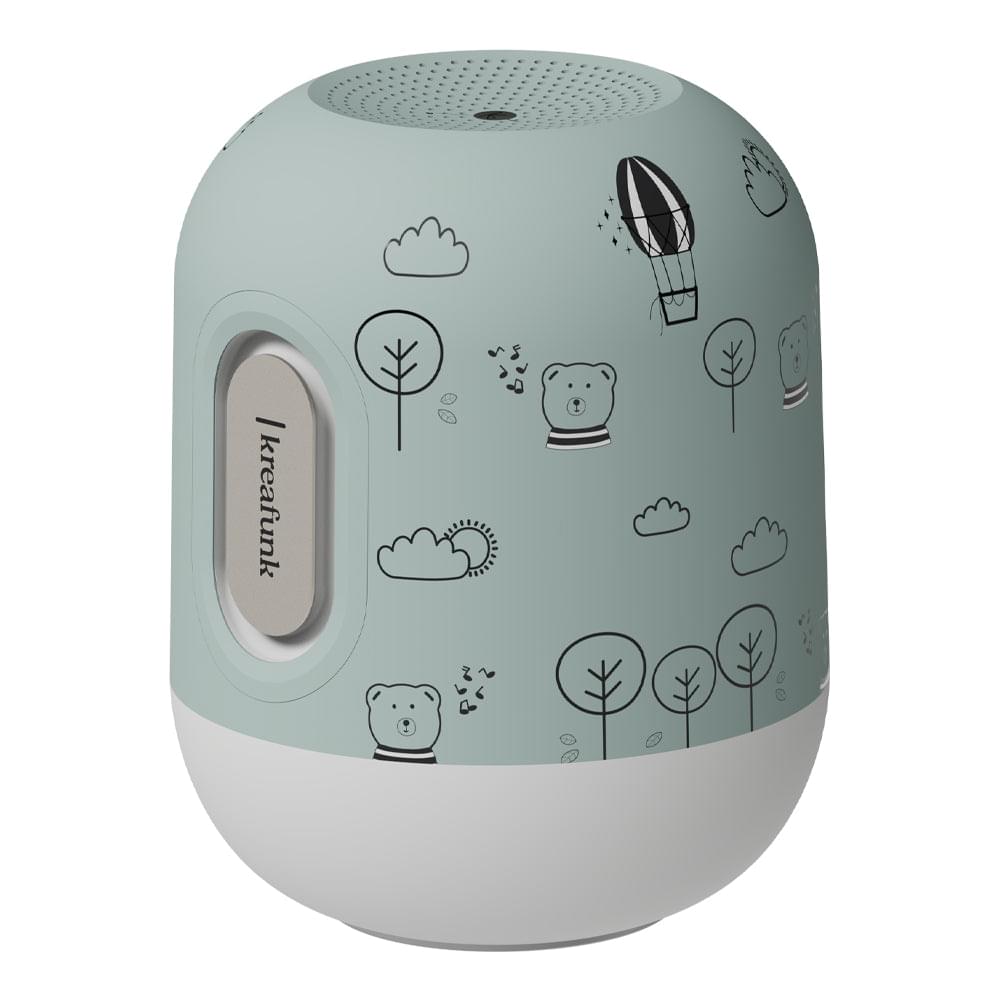Dusty green kids Bluetooth speaker with top speaker grille and etched sky icons