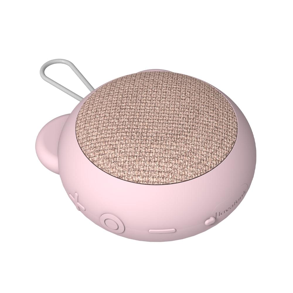Dusty rose Bluetooth speaker with fabric oval grille, side buttons, and hanging loop
