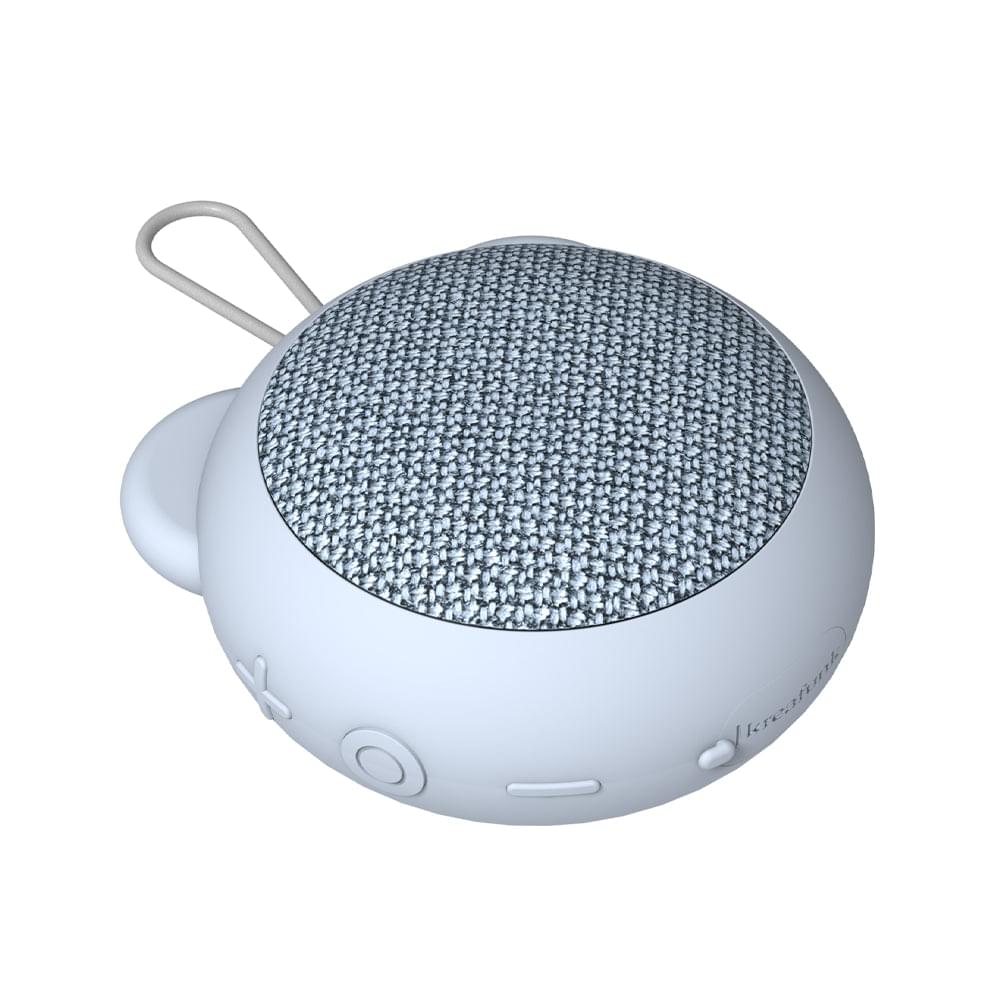 Cloudy blue Bluetooth speaker with fabric grille and side buttons, bear-ear shape