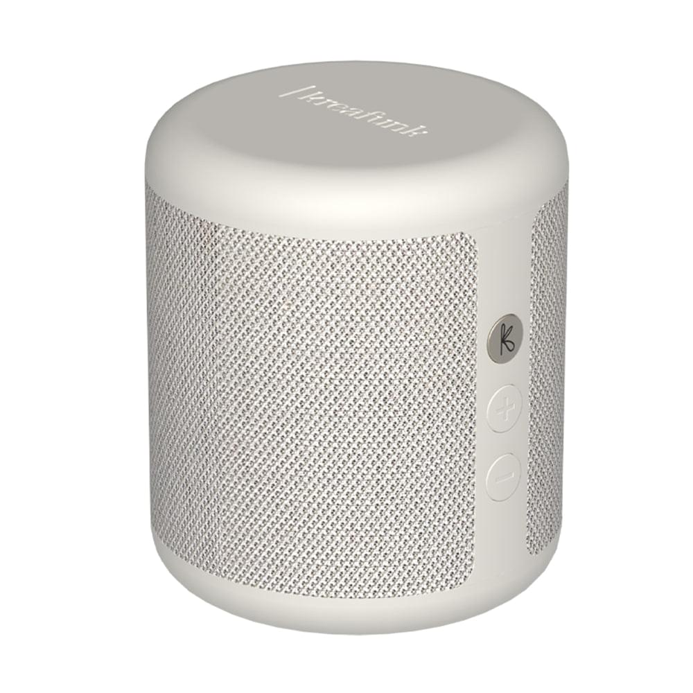 Soft white Bluetooth speaker with top grille and side control buttons in vertical column