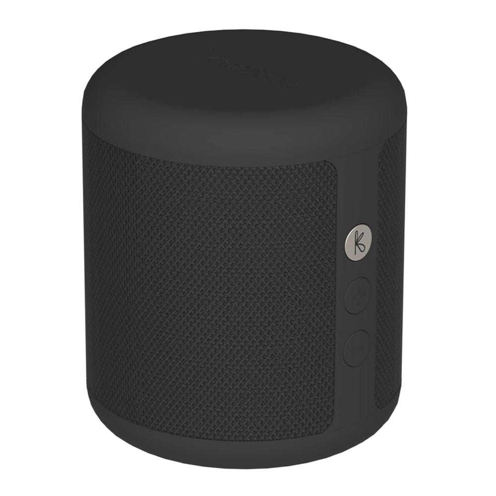 Black cylindrical Bluetooth speaker, textured side panels and control buttons