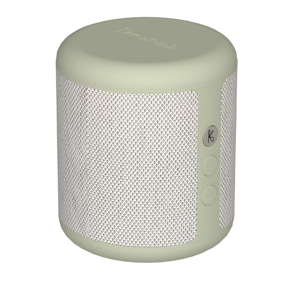 Dusty olive Bluetooth speaker with fabric mesh grille and side control buttons