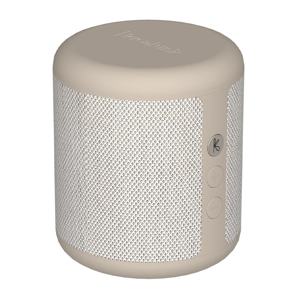 Ivory Bluetooth speaker viewed from above, fabric mesh body with side controls