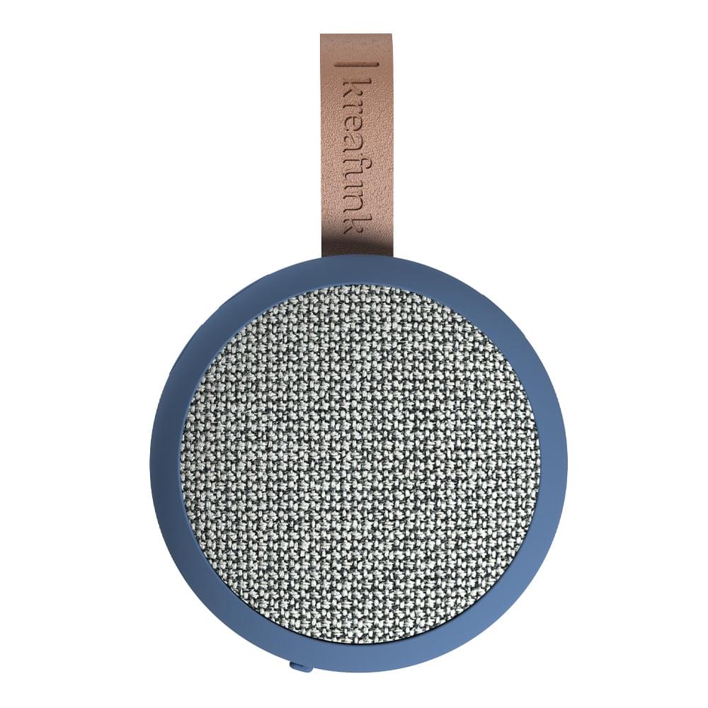 Round blue fabric Bluetooth speaker with gray mesh grille and brown leather strap