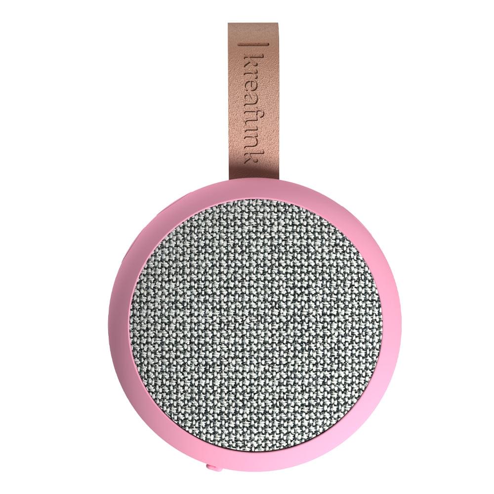 Kreafunk pink fabric Bluetooth speaker with gray woven grille and carrying strap