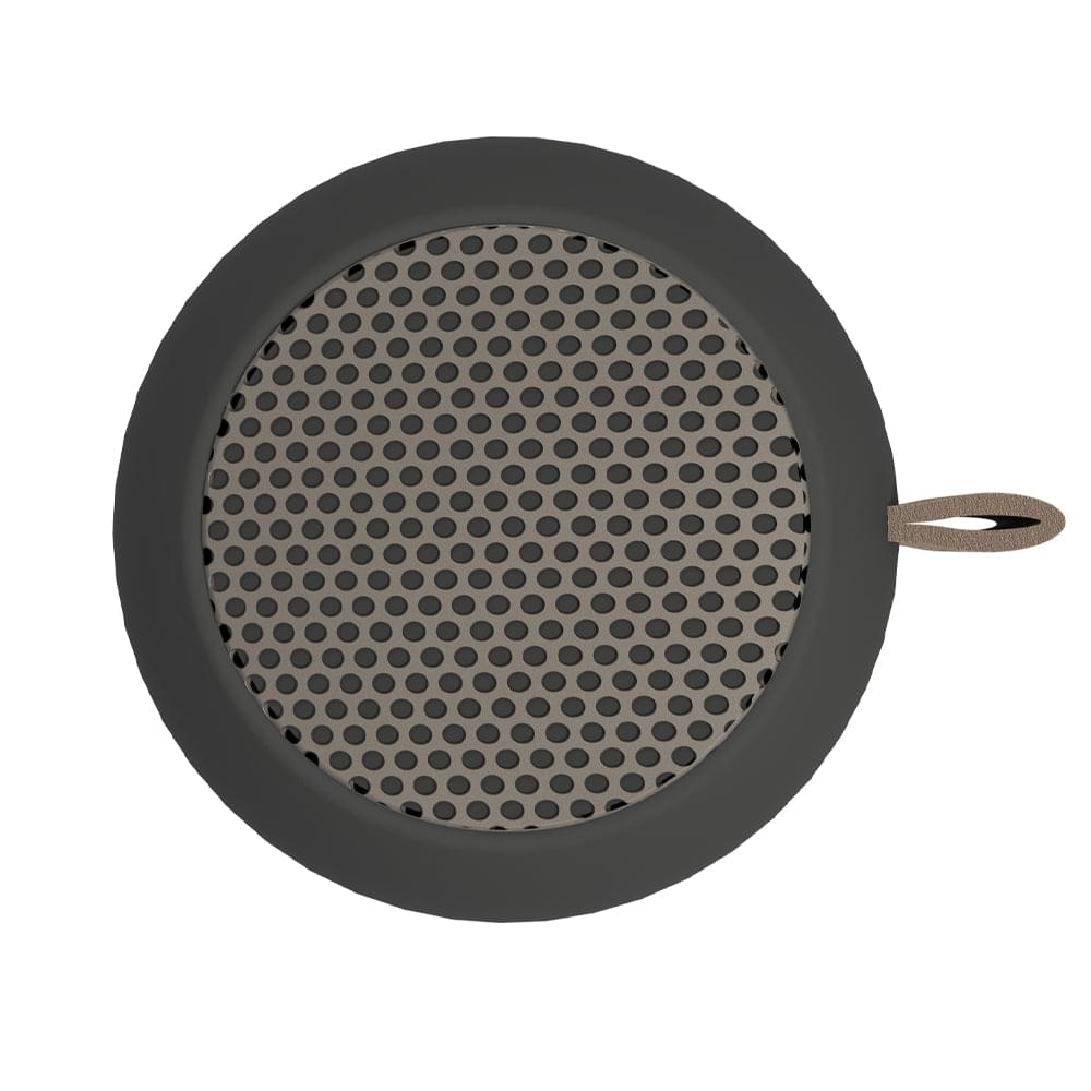 Black mini Bluetooth speaker top view with perforated metal grille