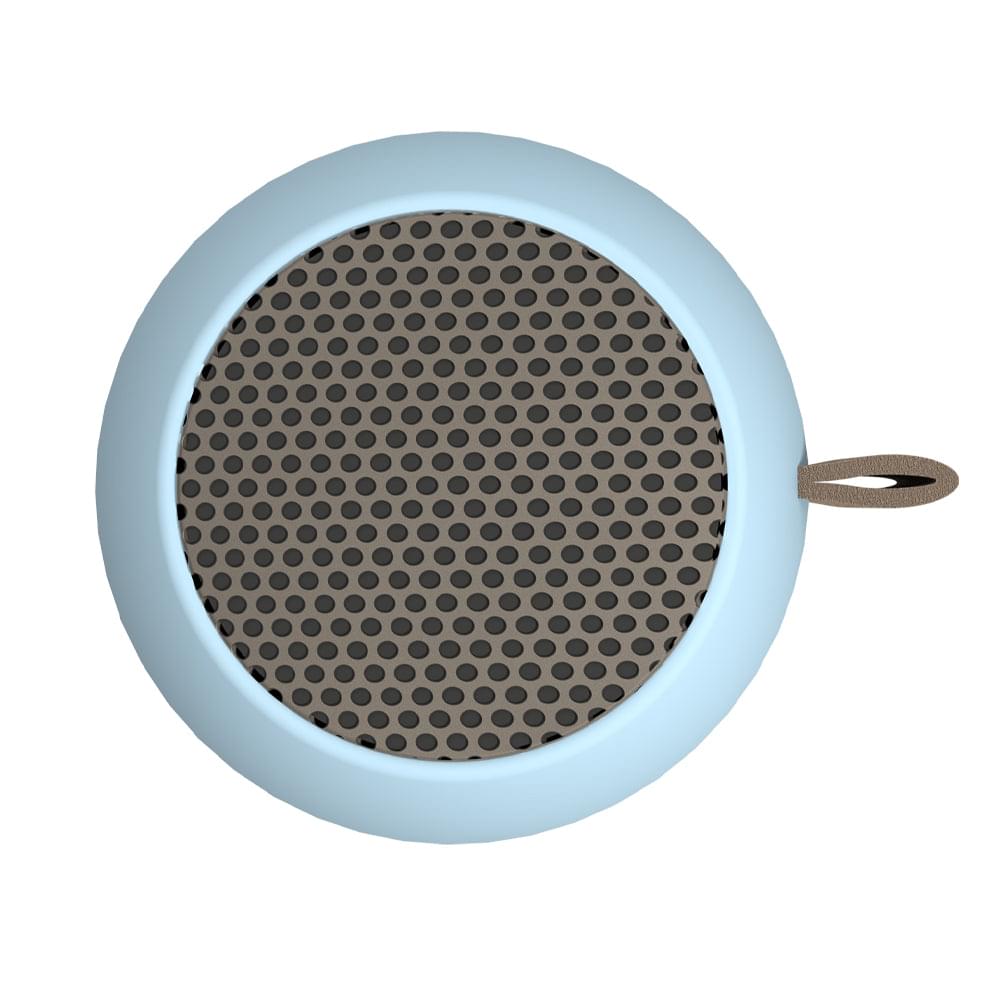 Cloudy blue mini Bluetooth speaker viewed from above, showing circular grille and loop