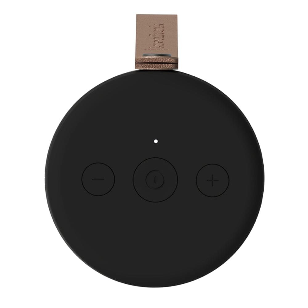 Kreafunk acoustic Bluetooth speaker, black top with control buttons and leather loop