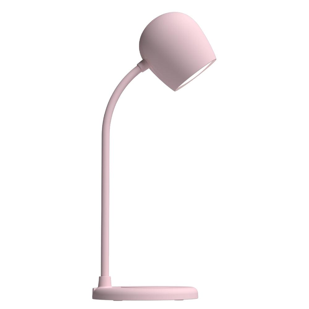 Dusty rose desk lamp with curved stand and rounded base, wide top shade