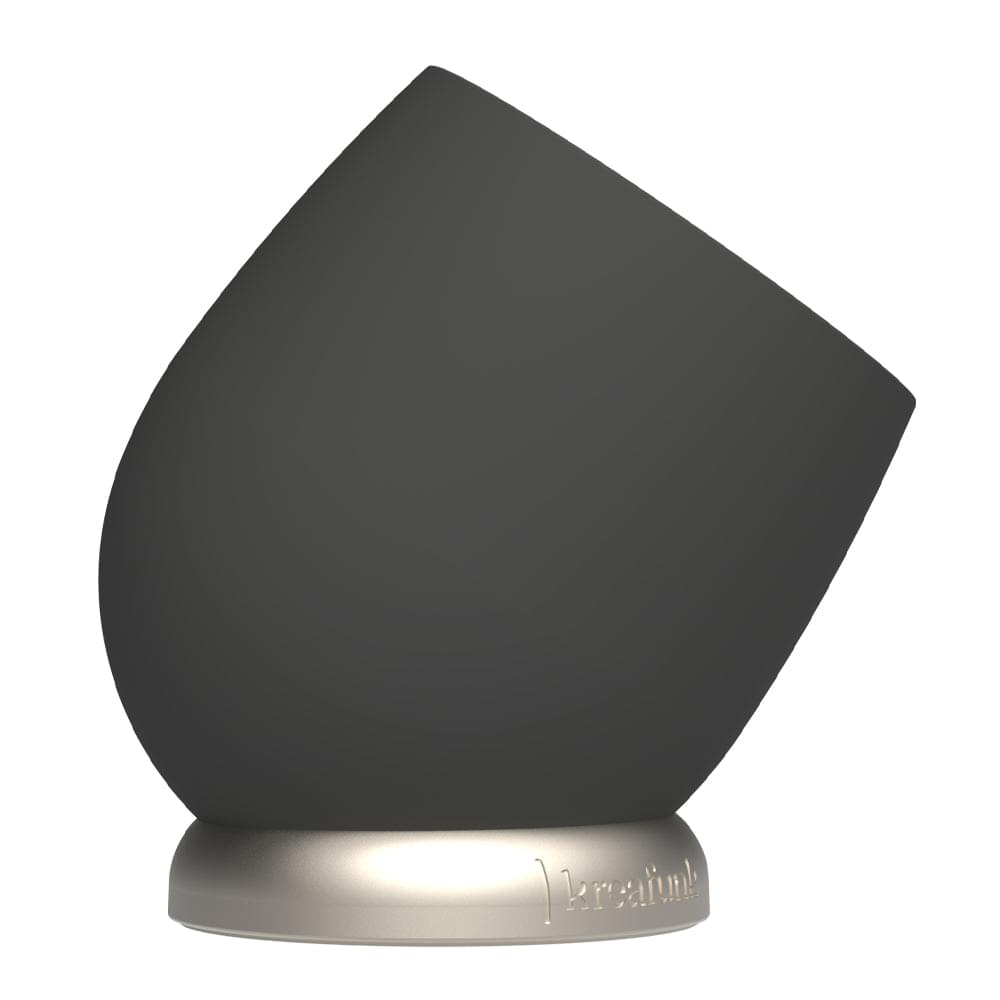 Kreafunk black alarm clock angled view with Kreafunk logo on base