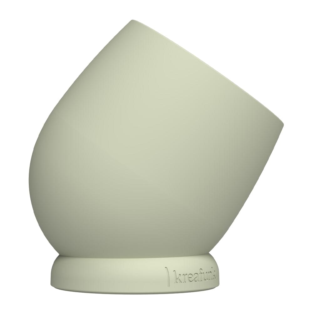 Dusty olive bell alarm clock, side view with logo on base and no display