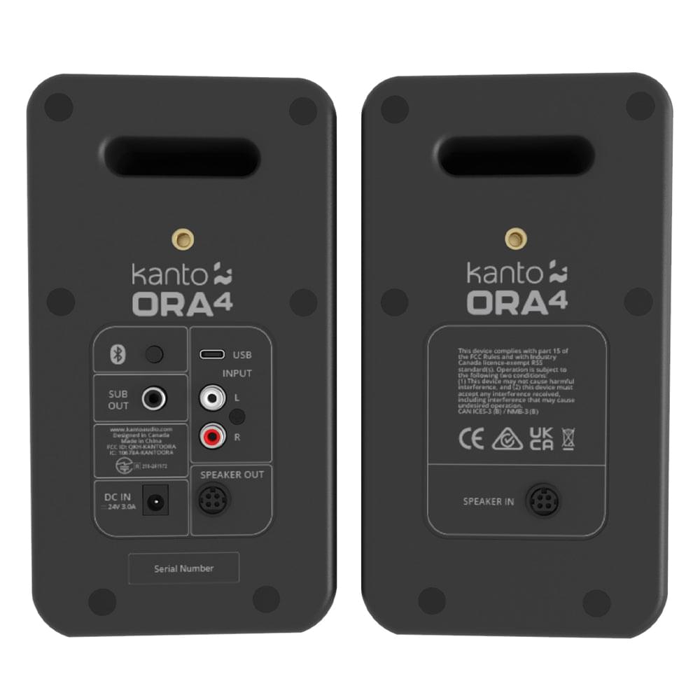 Back view of black powered speakers, showing port panel and connection sockets