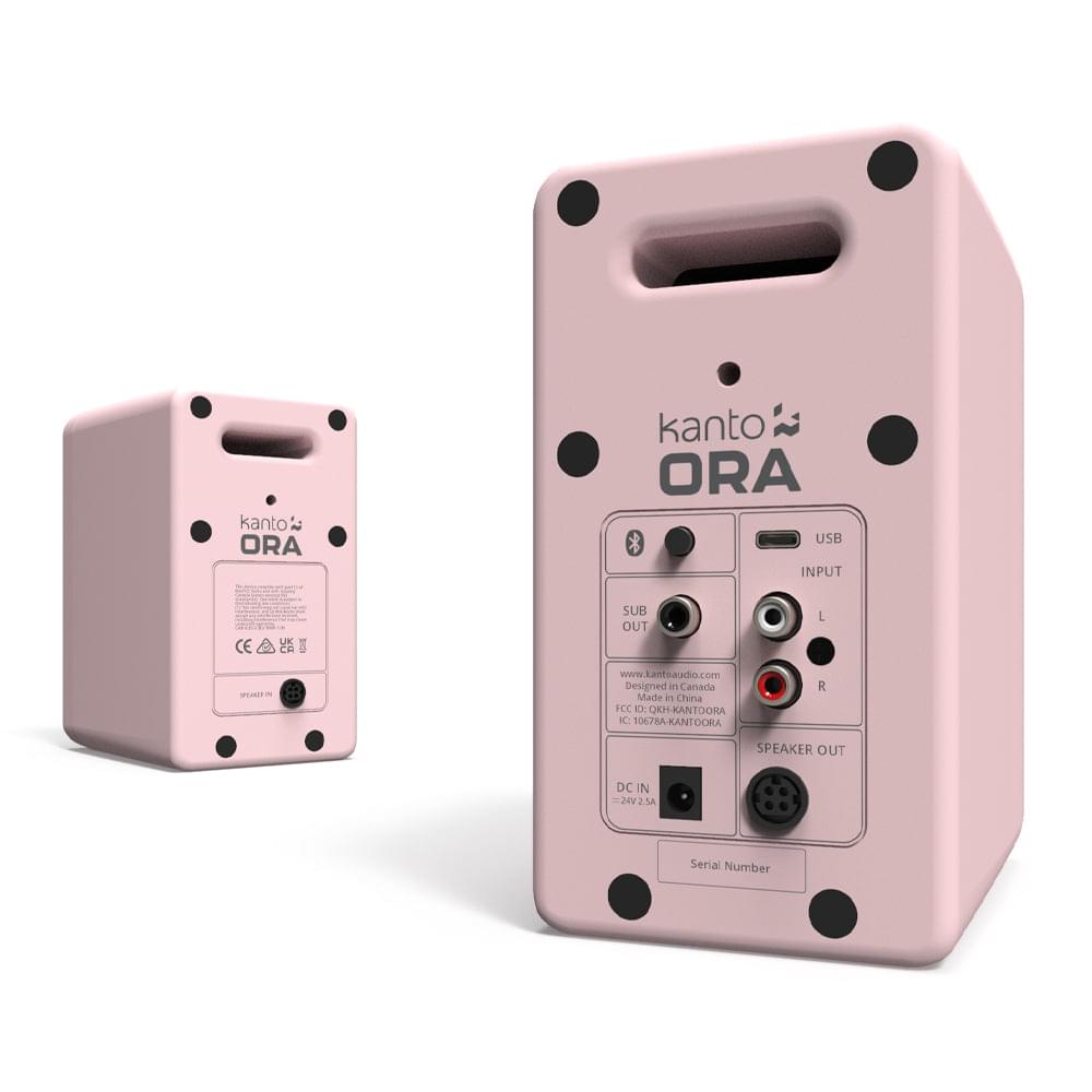 Pink powered desktop speakers rear view with port panel and rubber feet