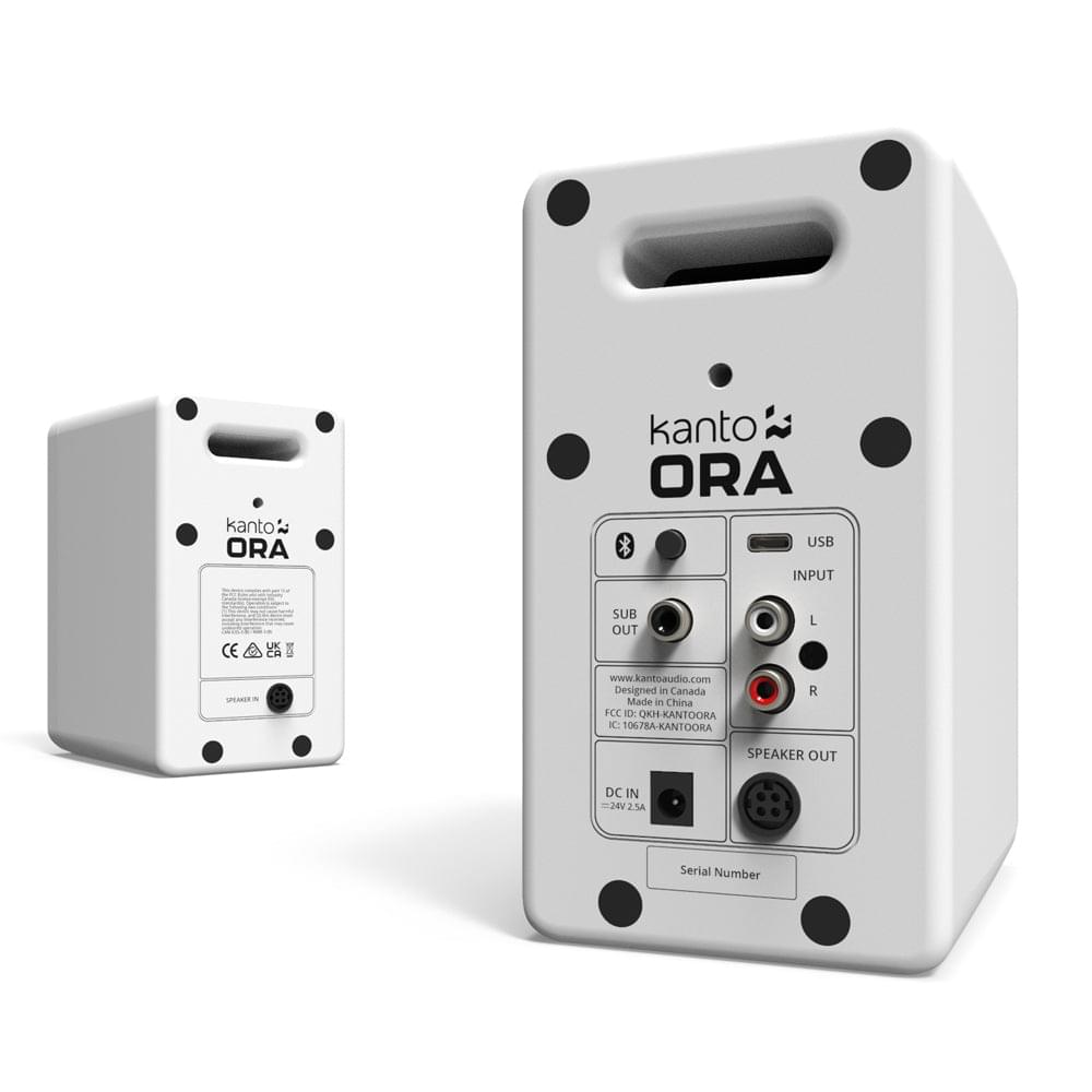 White powered speaker rear panels shown at different angles