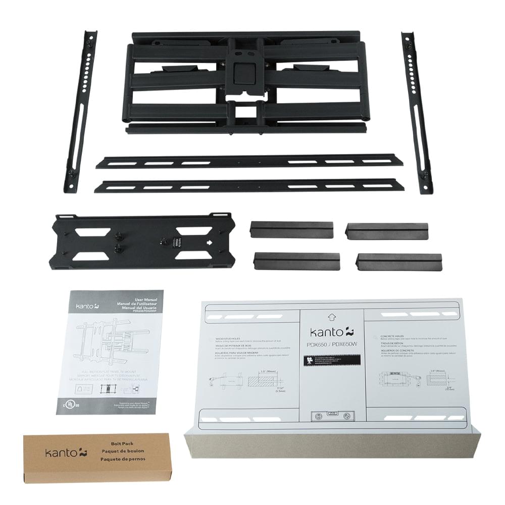 Black full-motion TV wall mount kit with brackets, rails, and instruction sheets