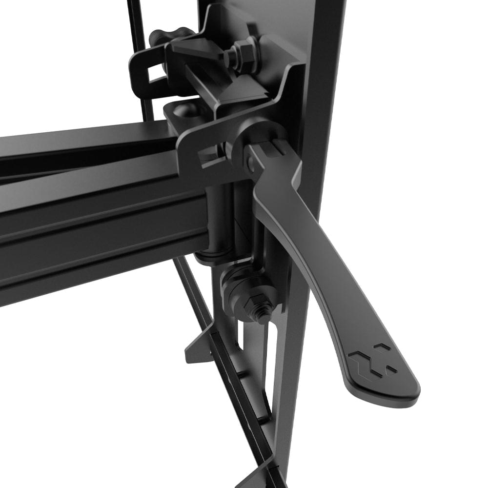 Close-up of full motion TV wall mount hinge and arm adjustment hardware