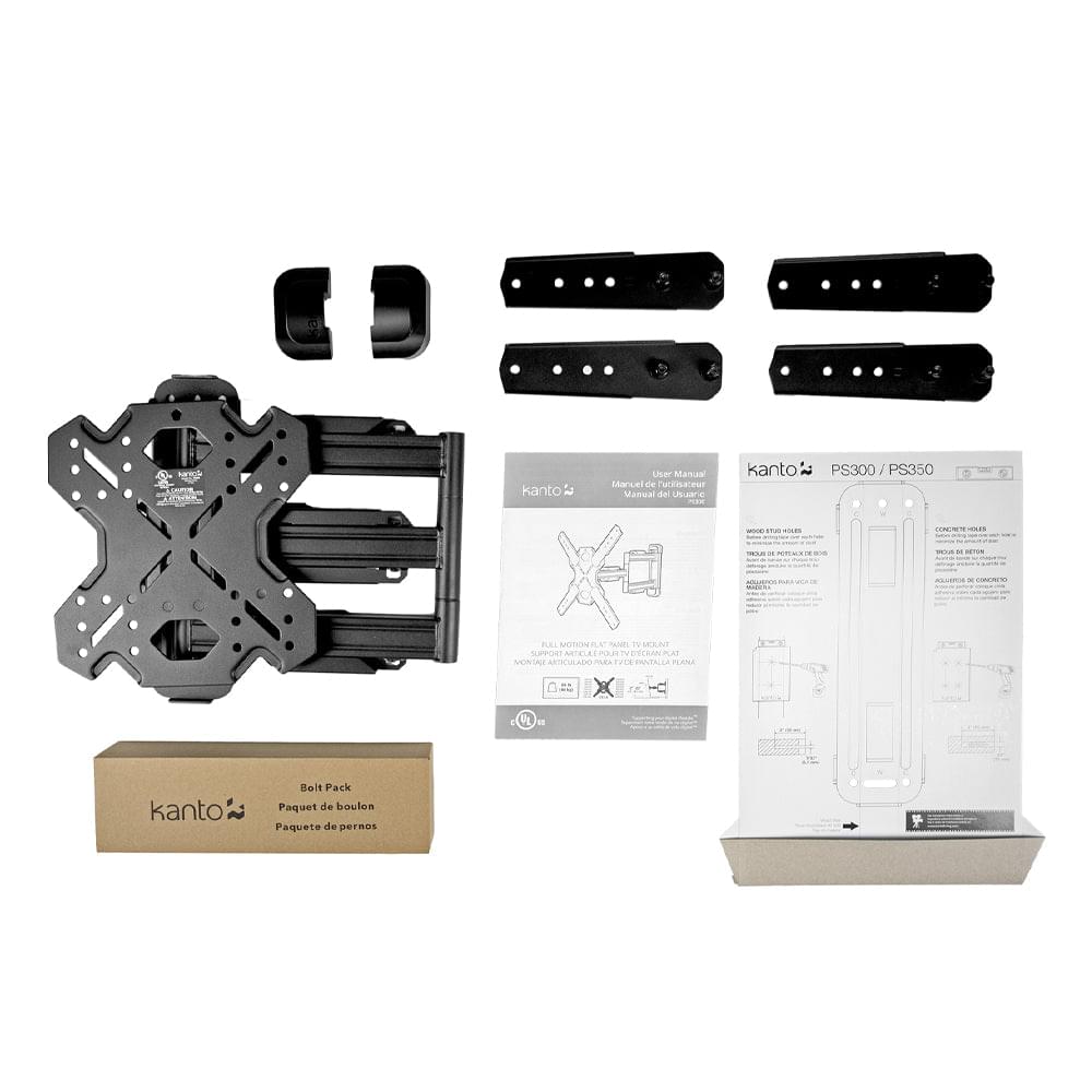 Full motion TV wall mount kit with bracket parts, hardware, and instruction sheets