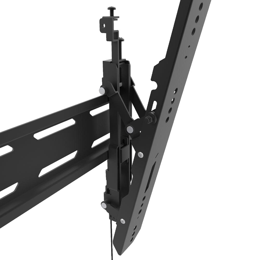 Close-up of black TV mount tilt mechanism with locking arms and brackets