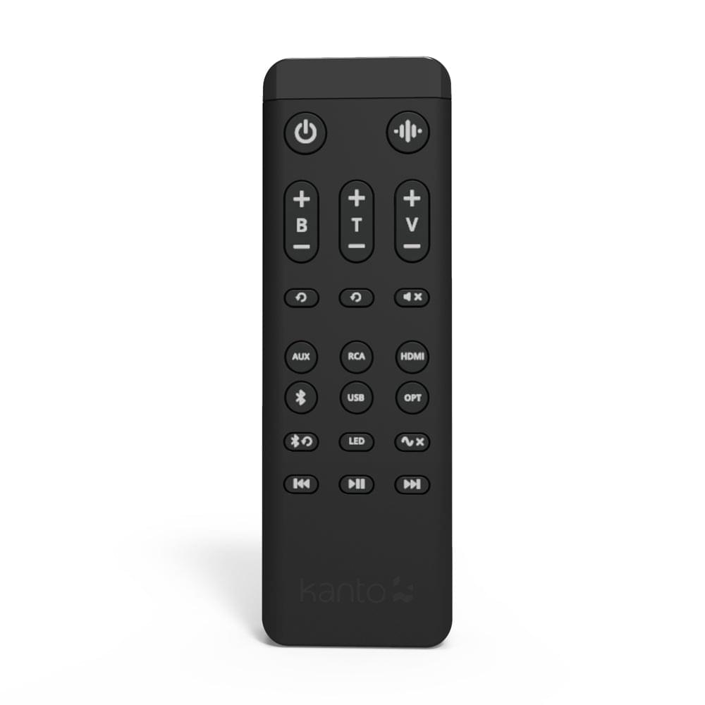Matte black remote control with buttons for powered bookshelf speakers