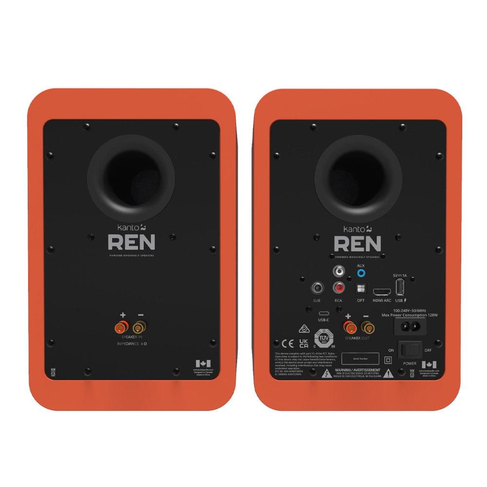 Matte orange powered bookshelf speaker pair, front and rear views with port panel.