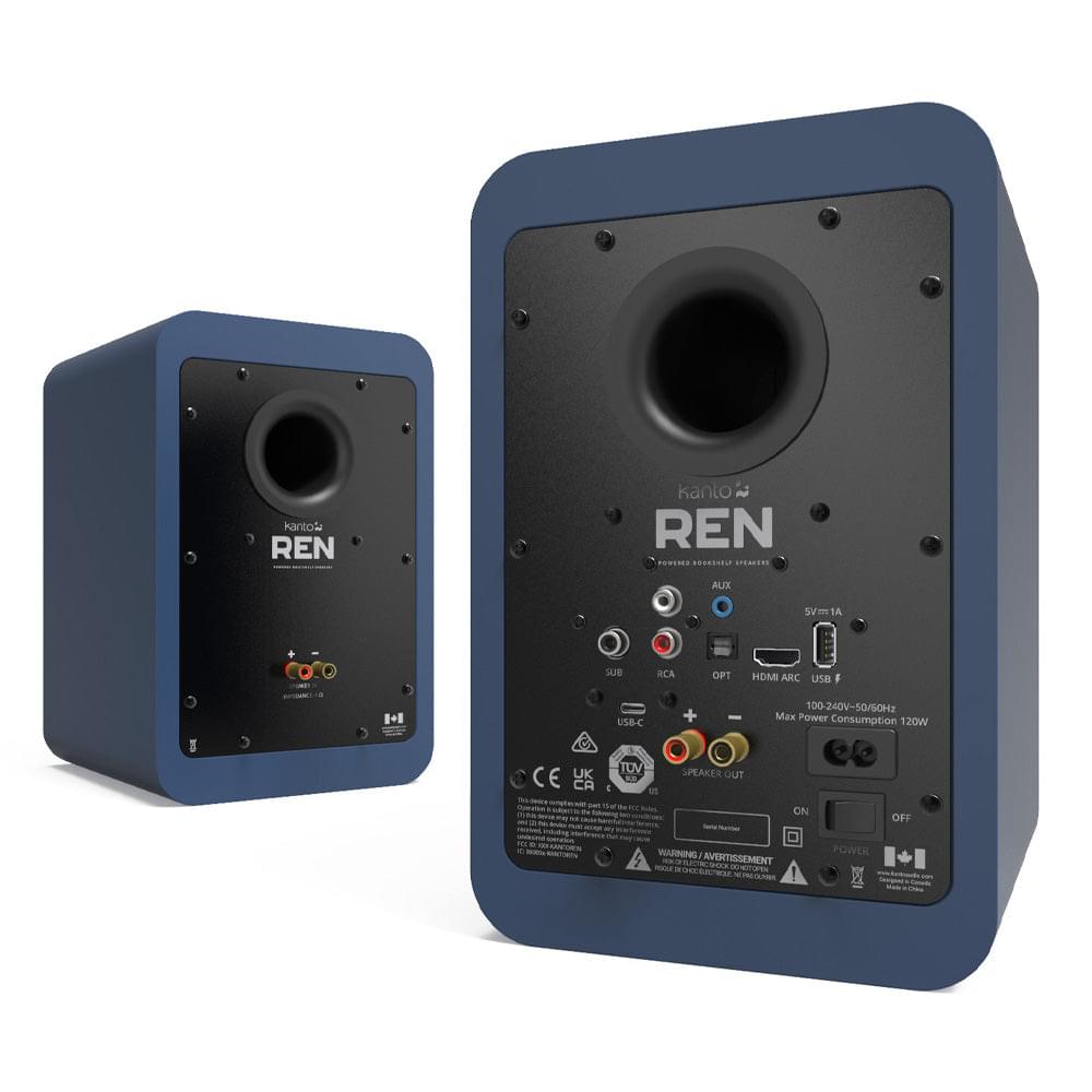 Matte blue powered bookshelf speaker pair, rear panels with subwoofer and input ports